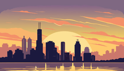 Naklejka premium Vector Silhouette of Modern Cityscape in Golden Hour