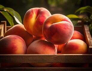 fresh peaches in a rustic wooden crate ripe juicy fruit