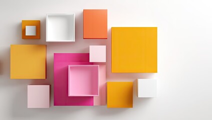 Colorful, geometric boxes arranged on a white background