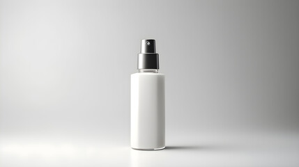 Blank White Spray Bottle with Black Cap on Grey Background