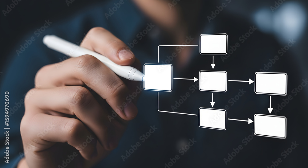 Aufkleber person sketching a flowchart, visualizing a process or workflow, using a stylus on a transparent sur