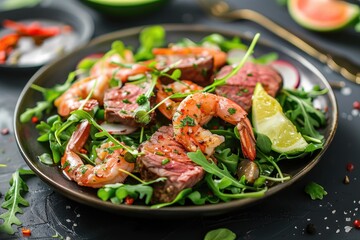 Gourmet roast beef salad with arugula, parmesan shavings, cherry tomatoes and luxurious black truffle dressing plated with herbs and spices on moody dark background