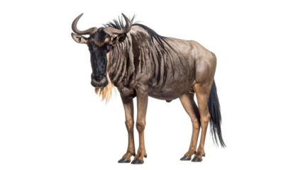 A rugged wildebeest with curved horns, a shaggy mane, and a dirt-streaked coat stands against a white background.