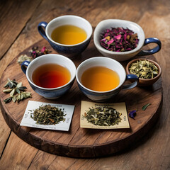 Aromatic Tea Selection: A curated array of tea blends are elegantly presented on a rustic wooden platter, each inviting with its unique color and fragrance.