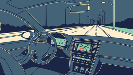 Interior view from inside a car driving on a highway at night with streetlights illuminating the road