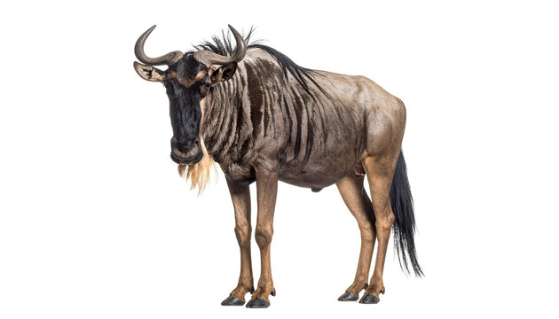 A rugged wildebeest with curved horns, a shaggy mane, and a dirt-streaked coat stands against a white background.