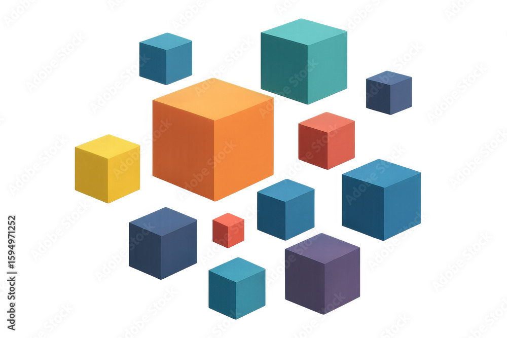 Poster multicolored geometric cubes hovering, casting soft shadows against transparent surface with varying