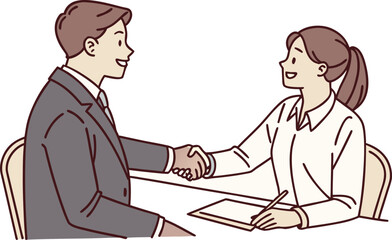 Fototapeta premium Business Job Interview concept. Vector cartoon illustration of a man in a suit and a woman at a desk shaking hands. Isolated on background.person, company, desk, employee, job, manager, meeting, 
