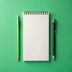 Blank spiral notebook with green and black pens on green background