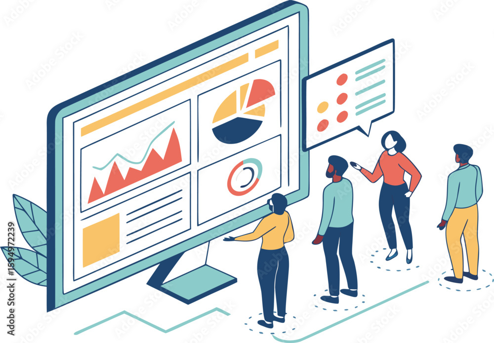 Poster business data analytics concept. vector illustration in flat style of a large monitor with tabs disp