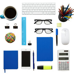 Overhead flat lay studio shot of diverse neatly arranged office and school supplies, including a blue coffee cup, white keyboard, pens, smartphone, notebook, and colored pencils, isolated on a