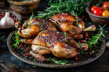 Rustic roasted quails with garlic rosemary and olive oil served on dark theme surface background enhanced by aromatic spices gourmet touch