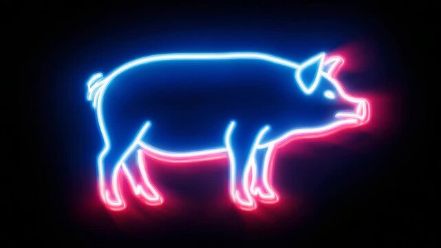Neon Pig Silhouette Icon with Glowing Light Effect Isolated Dark Background, Video