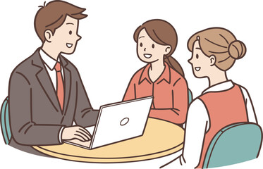 Business Job Interview concept. Vector cartoon illustration of two people sitting at a table with a laptop and asking a young woman questions. businesswoman, career, ceo, company, conversation, 