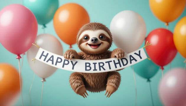 Smiling Brown Sloth Holding Happy Birthday Banner with Colorful Balloons