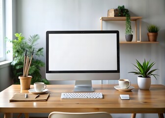 Desktop computer setup with plants and coffee cup blank screen