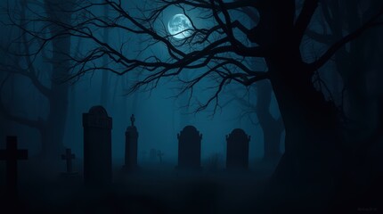 Spooky halloween graveyard background with full moon and creepy trees illustration