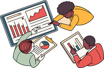 Business Job Interview concept. Vector cartoon illustration of two people sitting at a table with a laptop and asking a young woman questions.businesswoman, career, company, conversation, discussion, 