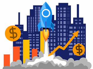 A stylized city skyline with a rocket taking off, dollar signs, and an upward trending arrow, representing business growth and startup success