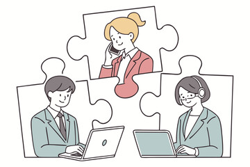 Business Teamwork concept. Contemporary flat style abstract vector illustration of a group of diverse people putting together a huge puzzle details.brainstorming, businesswoman, ceo, chat, 