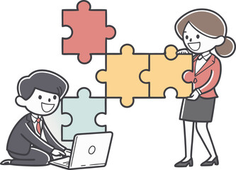 Business Teamwork concept. Contemporary flat style abstract vector illustration of a group of diverse people putting together a huge puzzle details.brainstorming, businesswoman, ceo, chat, 