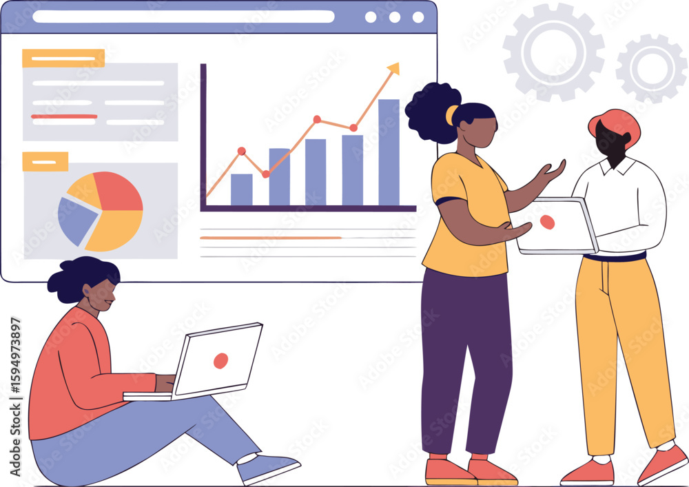Poster online business analytics concept. vector illustration of diverse people in web page windows discuss