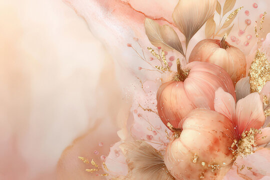Delicate Watercolor Pumpkins and Mushrooms with Floral Accents, space for text - Powered by Adobe