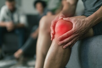 Woman suffering from knee pain holding leg with red highlighted inflammation area