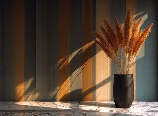 a vase with dried plants, placed on a marble surface, against a striped, vertically divided wall. The lighting creates shadows and highlights, adding depth to the scene.