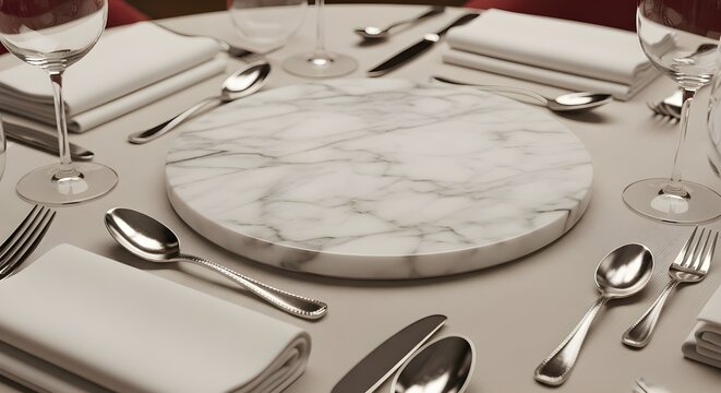 Marble Podium with Fine Dining Plating Props in Elegant Restaurant Setting