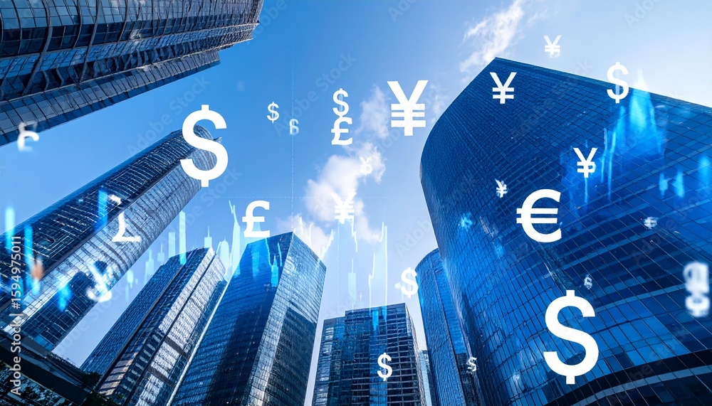 Poster soft-focus background of skyscrapers with layered transparent stock market graphs and currency symbo