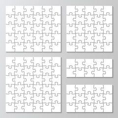Puzzle grid collection. 5 puzzles infographics set. Jigsaw business chain infographic. Process diagram presentation. Business info graphic with steps, parts. Vector illustration