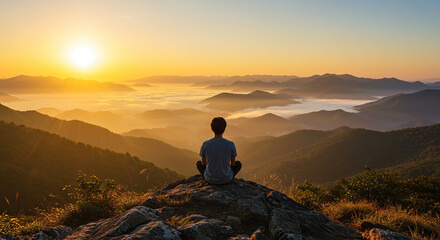 Fototapeta premium Meditative Moment: Contemplation Amidst the Mountain Vista at Sunrise, Embracing Serenity: A Lone Figure Meditates Above a Sea of Fog-Drenched Mountains