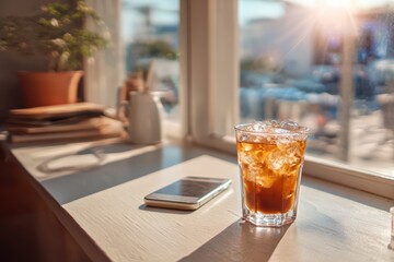 glass of iced coffee and phone on clean white table
