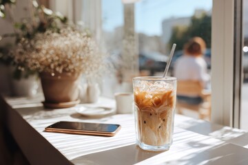 glass of iced coffee and phone on clean white table