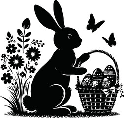 Silhouette of Easter bunny with egg basket isolated vector style on white background