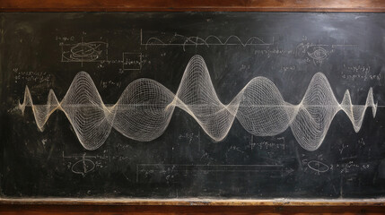 Detailed chalk drawing of sine waves with annotations on a blackboard. Ideal for math education, academic publications, posters, and instructional content.