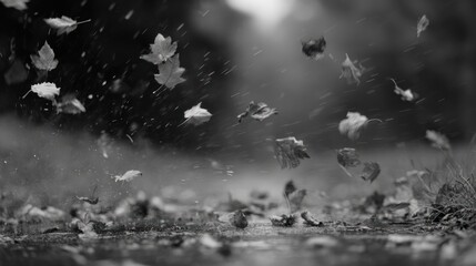 Grey leaves dance in the rain