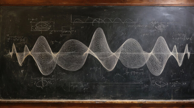 Detailed chalk drawing of sine waves with annotations on a blackboard. Ideal for math education, academic publications, posters, and instructional content.