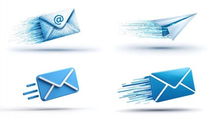 Email icons flying through the air on white background, suggesting fast messaging and efficient communication