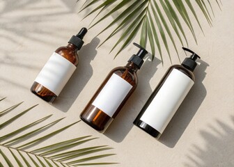 Sustainable cosmetic bottles with blank labels on neutral surface with soft palm leaf shadows, clean and aesthetic layout.