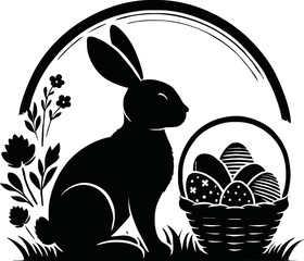 Silhouette of Easter bunny with egg basket isolated vector style on white background