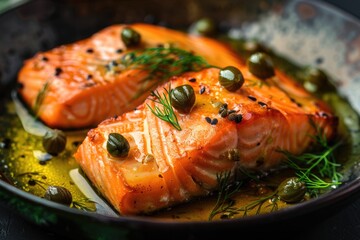 Herb infused salmon in butter sauce paired with tangy capers and dill modern photography dark themed background