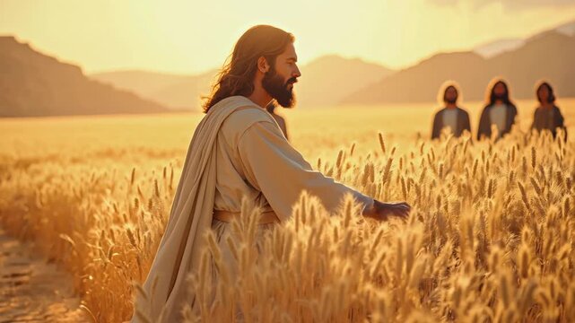 Jesus walking through a wheat field