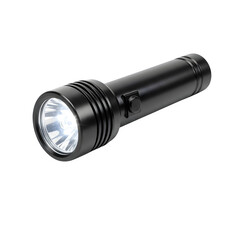 A sleek, modern black flashlight, perfect for utility and technology concepts, isolated on white or transparent background. PNG format.