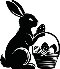 Silhouette of Easter bunny with egg basket isolated vector style on white background