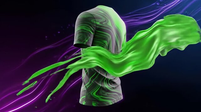 Dynamic 3d animation of a rotating t-shirt mockup with a liquid green paint splash and an abstract futuristic design
