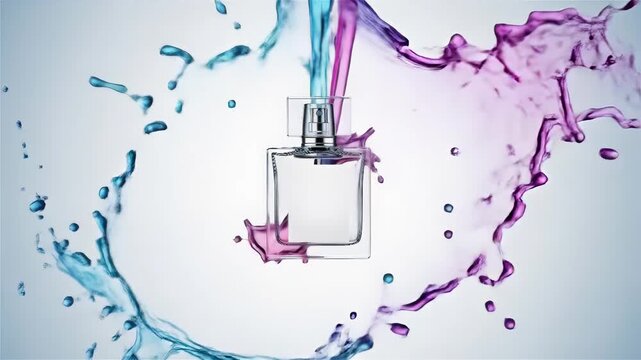 Elegant commercial animation of a perfume bottle mockup with a dynamic splash of colorful liquid for a fragrance concept

