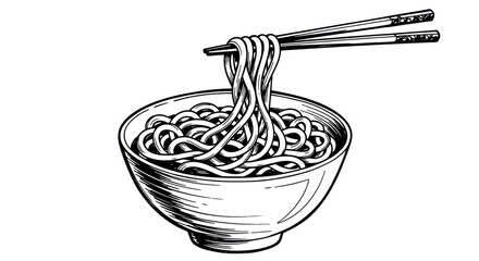 Black and White Illustration of Noodle Bowl with Chopsticks in Vintage Style