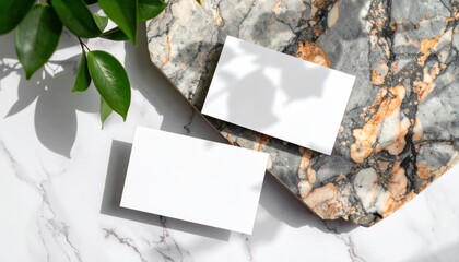 Two blank business cards sit on marble with green leaves and shadow in soft natural light